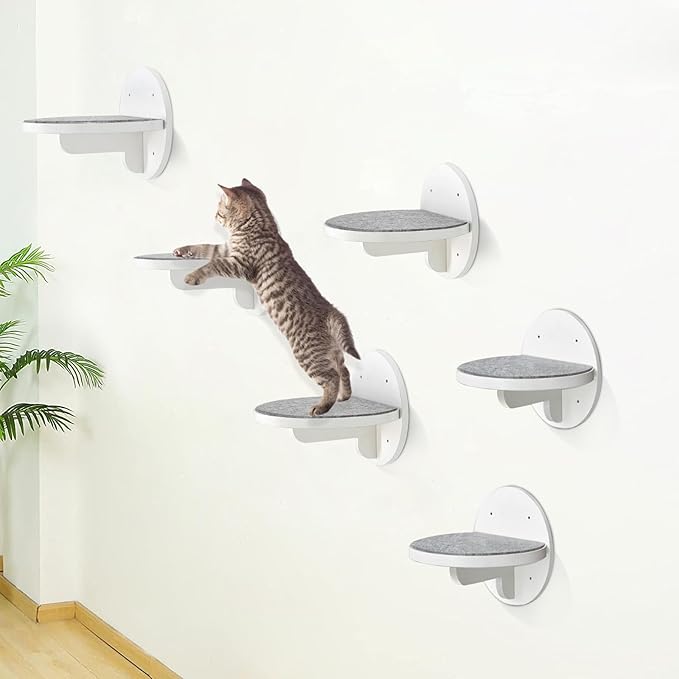 Cat Wall Shelves Furniture Set of 6, Wooden Cat Steps for with Scratching Pad, Sturdy Floating Climber Ladder Stairs, Cats Climbing Wall Systems for Cats Sleep Climb Play (White)