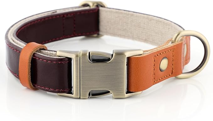 Plutus Pet Genuine Leather & Hemp Dog Collar – Adjustable Heavy Duty Pet Collar with Quick Release Metal Buckle, Soft & Stylish for Puppy and Small, Medium, Large Dogs (Copper Brown, L)