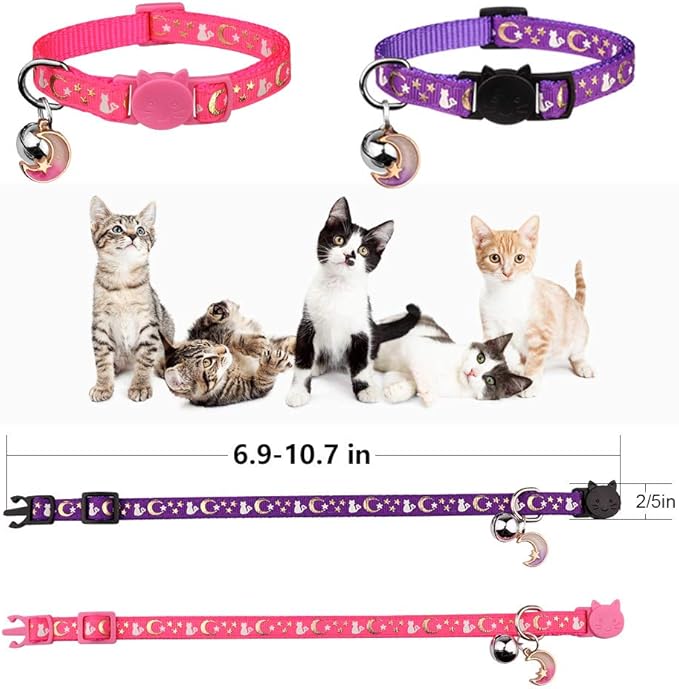 Baeuppit 2PCS Breakaway Cat Collars with Bell Moons Stars Cute Kitty Adjustable Safe Kitten Collars with Pendant Glow in The Dark(Purple&Pink)
