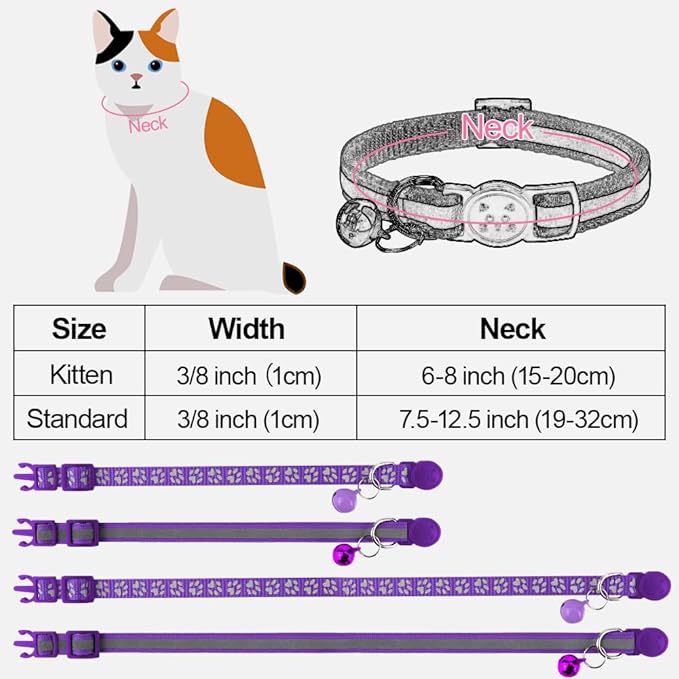 Taglory Reflective Cat Collar Breakaway with Bells, 2 Pack Girl Boy Pet Cat Collar Adjustable 7.5-12.5 Inch, Purple