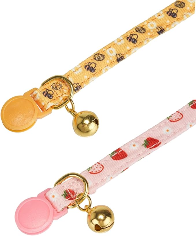 2 Pack Cotton Cat Collar, Removable Bowtie, Floral Pattern, Safety Breakaway Clasp, Adjustable for Cats.(Adult Cat, Bee+Strawberry)