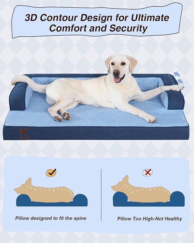 KSIIA Washable Dog Bed XL Senior Dog, Orthopedic Warm Soft Pet Sofa Waterproof Pet Couch with Sides, Non-Slip and Egg-Crate Foam Extra Large Beds with Removable Cover, 41x27Inch, Blue
