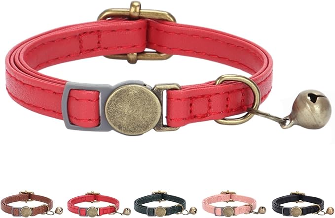 THAIN Leather Cat Collar with Bell Breakaway- Adjustable, Durable, Retro Bell fit Most Cats and Kittens (Red)