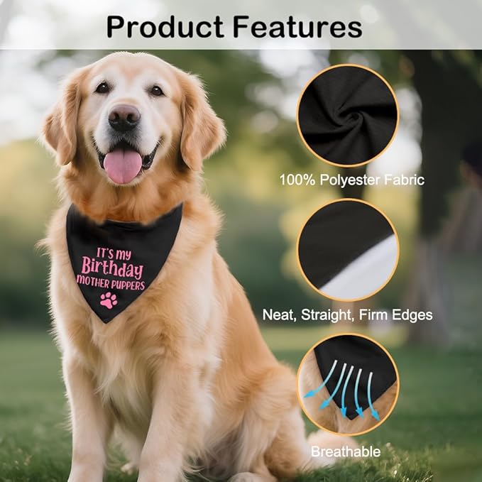 It's My Birthday Mother Puppers Black Dog Bandana, Birthday Gifts for Dog Mom, Funny Pup Scarf Accessory Decoration Photo Shoot for Party Dinner Holiday, Cute First Birthday Supply for Pup