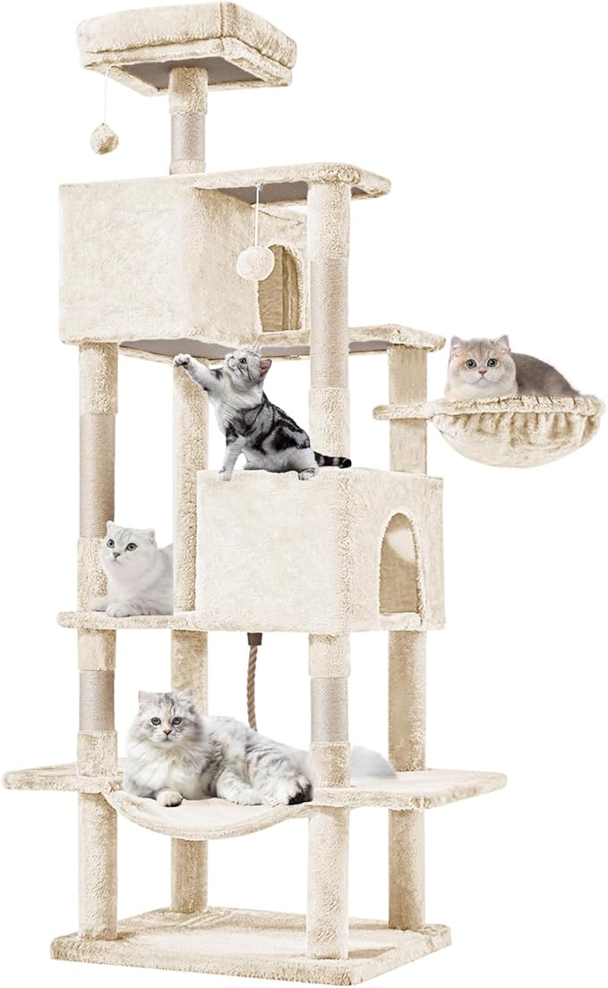 Sweetcrispy 66 Inch Cat Tree Tower, Multi Level Cat Climbing Tower with Natural Sisal Scratching Posts, Hammock, Pet Condo for Indoor Cats and Kittens Play, Beige