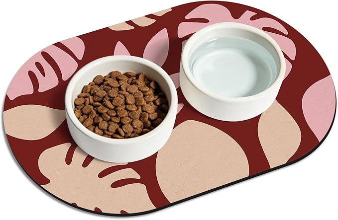Pet Feeding Mat – 20''x12'' Absorbent Dog Food Mat, Pet Water Mats Protect Floor, No Stains Quick Dry Water Bowl Mats, Non-Slip Rubber Base Pets Placemats for Food and Water, Red Leaves