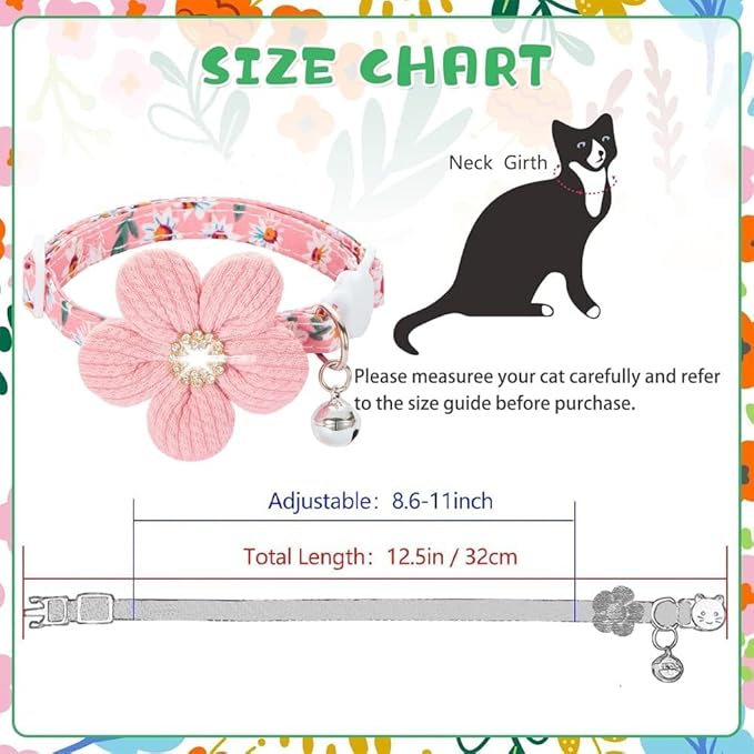 Cat Collar, HYQHYX Breakaway Kitten Collar with Flower,Rhinestone Kitty Collar with Bell, Floral Pet Collar with Safety Buckle for Cats and Puppy Dog