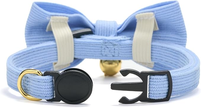 2 Pack Soft Corduroy Cat Collars with Bow Tie & Bell, Adjustable Breakaway Cotton Kitty Bowtie Collar for Female Male Cats(White & Blue)