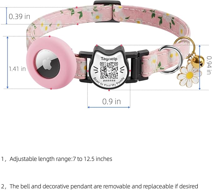 Cute Floral Breakaway Cat Collar with QR Code ID, Cotton Kitten Collar with Bell & AirTag Holder, Adjustable Safety Collar for Cats,Pastoral Style with airtag Holder(Pink)