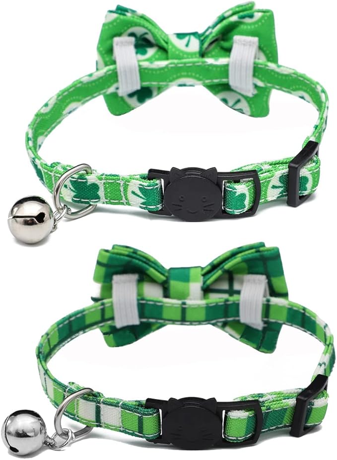 2-Pack Breakaway Cat Collars with Removable Double-Layer Bow Tie and Bell for Boy and Girl Cats,Safety Kitten Collars Suitable for Festivals and Daily. (St. Patrick's Day1)