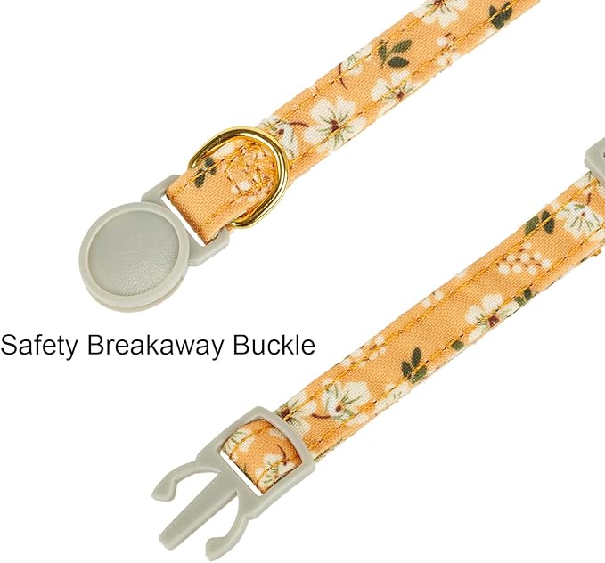 Bowtie Cat Collar with Bell, 2 Pack Cotton Breakaway Kitten Collars with Removeable Bow Girl Cat Collars, Floral Yellow & Beige