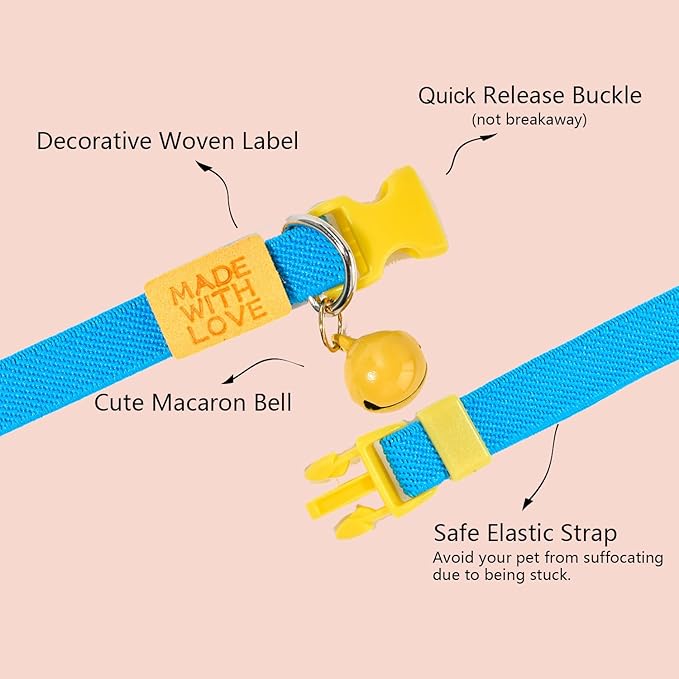 Elastic Cat Collar 2 Pack of Safety Quick Release Cat Collars with Bell Anti-Suffocation Kitten Puppy Collars(Green+Blue)