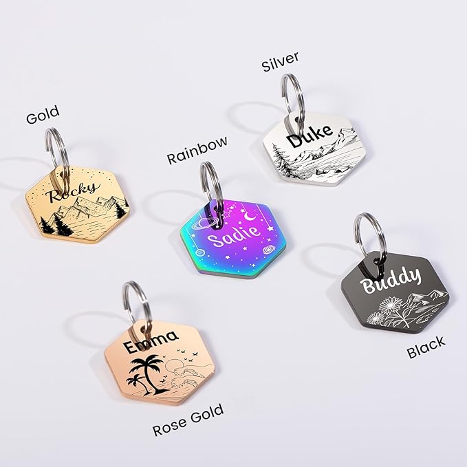 YEHANTI Dog Tags Personalized for Pets with Name Pattern Art Design - Engraved with Laser - Stainless Steel Cats Dogs ID Tags - Stylish Dog Collar Accessories (Hexagon Shape)