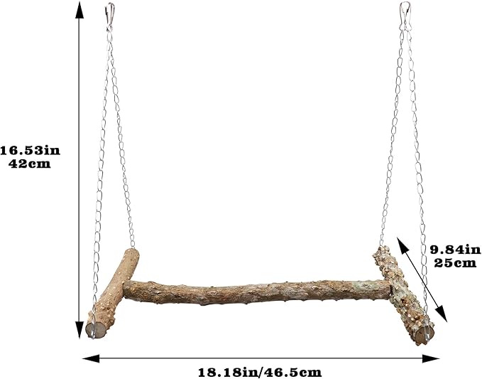 Large Bird Perch Swing Toy, Natural Pepper Wood Parrot Perch Stand Toy, Hangable Birdcage Accessories with Stainless Steel, Bird Chewing Toy for Parrot Parakeet Budgies Lovebirds(18×10 Inches(L×W))