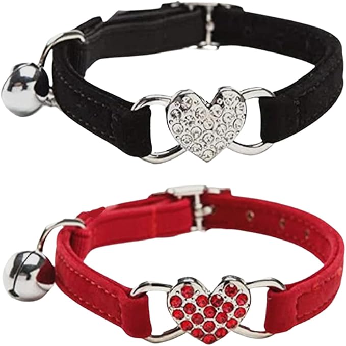 Heart Bling Cat Collar with Safety Belt and Bell Adjustable 8-10 inches for Kitten Cats (Black+Red)