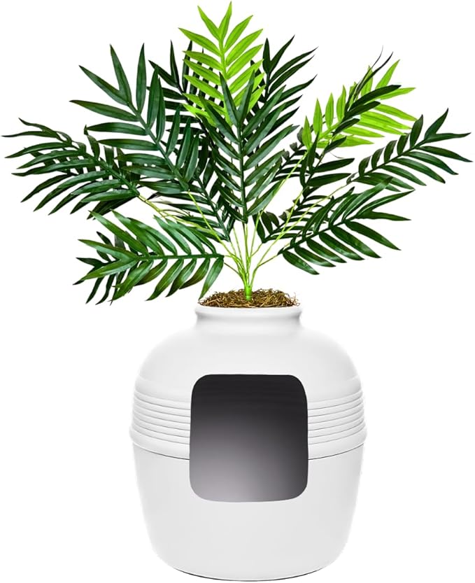 Good Pet Stuff Hidden Litter Box Planter, Decorative Cat Litter Enclosure with Carbon Filter, Artificial Plant, Easy Clean, Improved Design, Round Style, Base Kit, Classic White