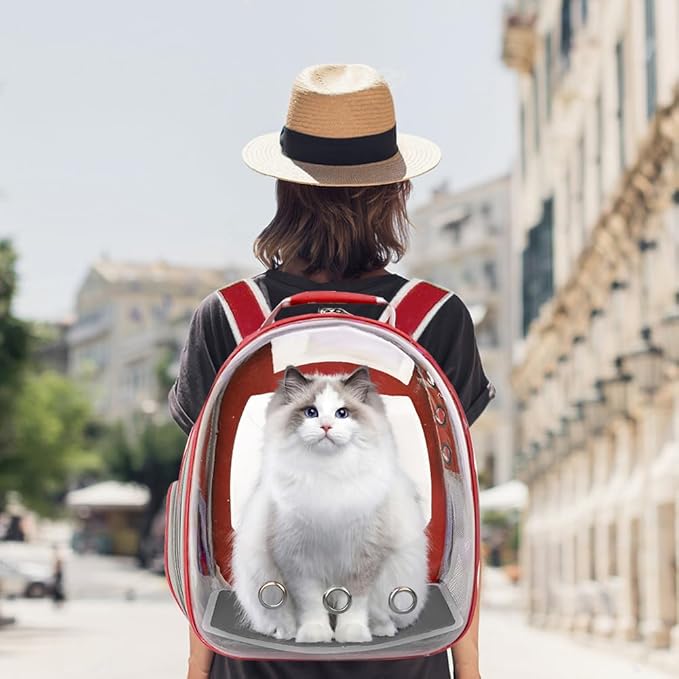 Pet Backpack Carrier,Bubble Backpack Cat Carrier,Pets and Small Dogs,Space Capsule Pet Carrier for Traveling, Walking, Hiking and Outdoor Activities (Red)