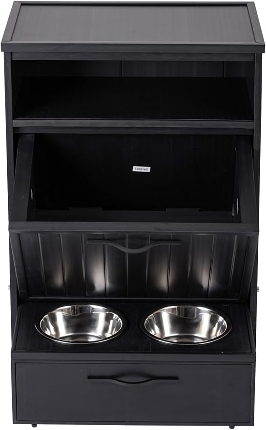 New Age Pet ECOFLEX Brea Dog Food Pantry in Black, Two 32 oz Bowls, Moisture Resistant, Easy Assembly, Holds 25 lbs