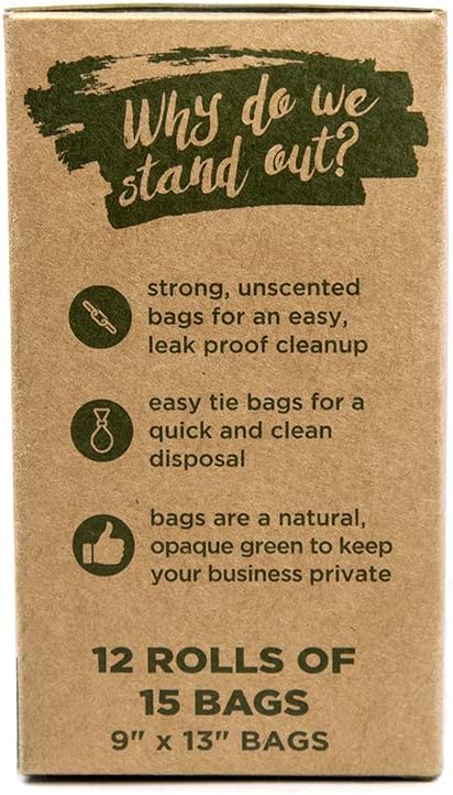 Lillian Ruff Doggie Bags for Poop - 12 Rolls of 13 x 9 Inch Extra Thick Leak Proof Unscented Dog Poop Bags - 15 Waste Bags Per Roll Total of 180 Easy to Open Doggy Bags