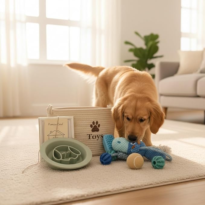 Dog Welcome Gift Box – New Puppy Starter Kit with Promise Card, Frame, Toys, Double‑Sided Bowl & Brush in Woven Basket – Dog Adoption Gift for Small Medium Dogs