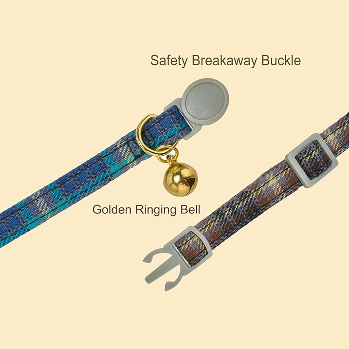 Cotton Bowtie Cat Collar with Bell 2 Pack Plaid Breakaway Kitten Collars with Removeable Bunny Ear Bow(Mocca Tweed+Ocean Blue)
