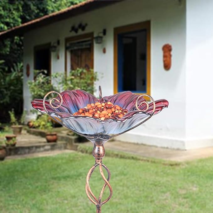 MUMTOP 31 Inch Height Glass Birdbath Birdfeeder with Metal Stake Garden Yard Outdoor