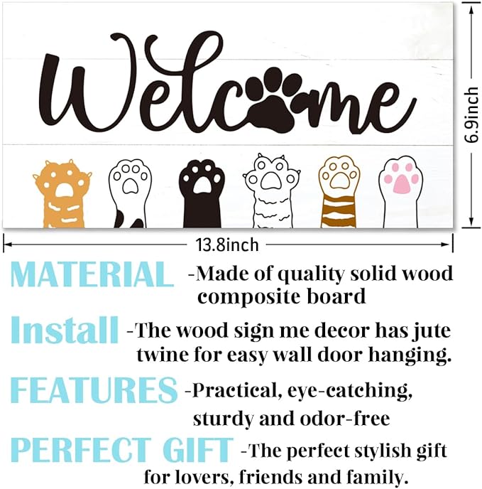 Welcome Sign for Front Door, Welcome Decor Wooden Hanging Sign With Cat Cat's Paw Pattern, Cat Theme Wall Hanging Decor, Funny Wooden Outdoor Front Door Decoration 13.8X6.9 inches