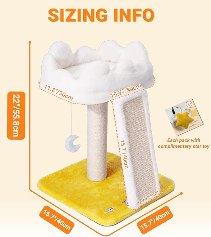 Happi N Pets New Cloud Cat Tree Tower, Cat Scratching Post with Bed, Small Cat Tree, Compact Cat Tower with Scratching Pad & Cloud Soft Perch & Cute Toys, Extra Toy, Bonus Catnip