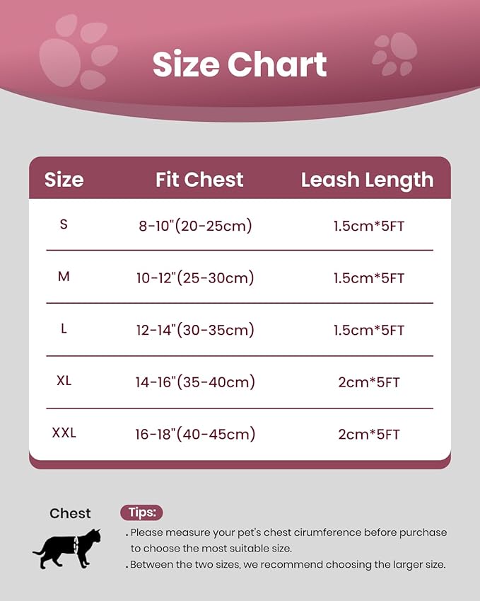 FAYOGOO Cat Harness, Cat Leash and Harness Set for Walking Escape Proof, Harness for Small Cats/Small Dogs, Large Kitten/Puppy Harness and Leash, Harness for Cats S-XXL(Pink, XX-Large)