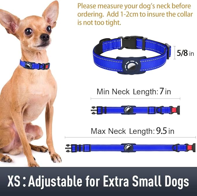 Airtag Dog Collar with AirTag Holder for Puppy Small Dogs, Reflective, Soft Padded & Safety Locking Buckle, Nylon Pet Collars Adjustable for All Breeds, NavyBlue,XS