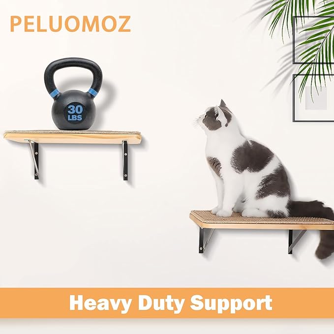 2PCS Cat Wall Shelves with Scratching Mat, 16.6x9.7 Inch Cats Wall Furniture, Solid Pine Wood Kitten Wall Mounted Floating Shelf, Window Perch Hammock for Pets Sleeping, Playing, Climbing