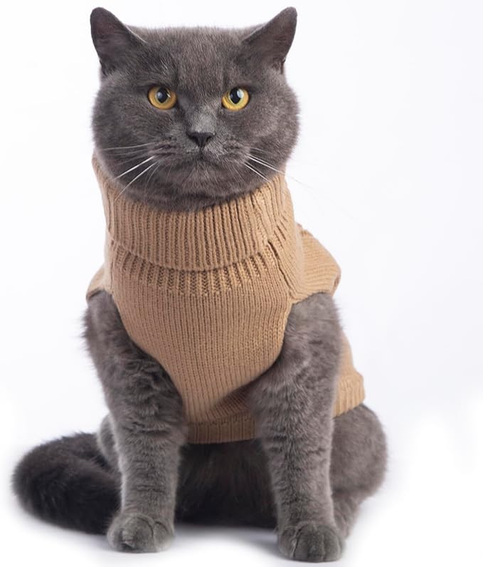Stretchy Cat Sweater - 17 Colors & 6 Sizes | Snug Winter-Ready Knit for Boy/Girl Cats & Kittens(Khaki, Large)