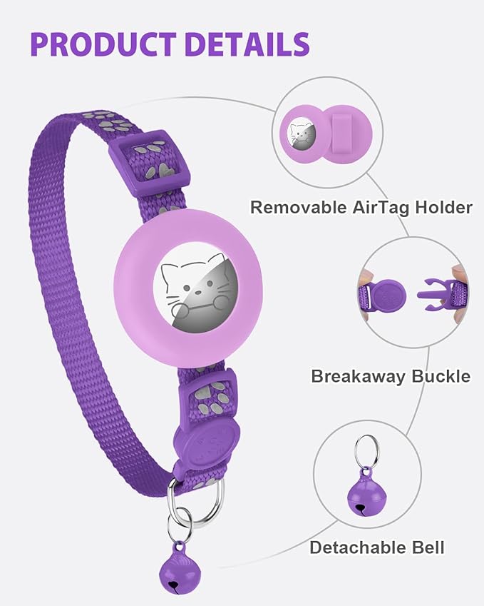 Joytale AirTag Cat Collar 2 Pack with Breakaway Safety Buckle, Reflective Cats Collar with AirTag Holder, Adjustable 7.5-12.5 Inch, Anti-Fraying Lightweight for Girl Boy Kitten, Purple