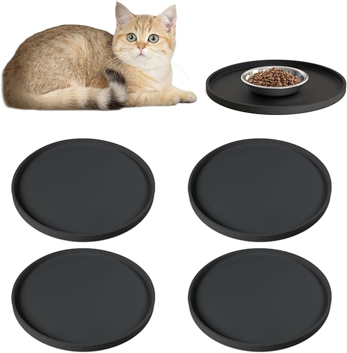 4 PCS Thickened Pet Silicone Food Mat, Nonslip Waterproof Cat Dog Feeding Bowl Mats with Raised Edges for Food and Water Prevent Spills, Round Eating Tray for Floors, Puppy Kitten, 10'' x 10''