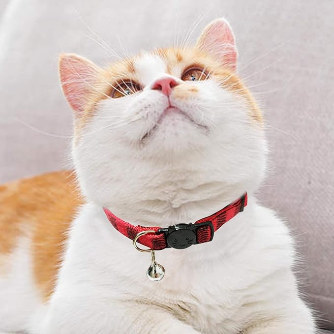 MJIYA Stylish Plaid Cat Collars with Bells - Adjustable Breakaway Kitten Collar (8-12 Inches) - Cute Collar for Girls and Boys - Pet Gift and Accessory (Red, 1 Pack)