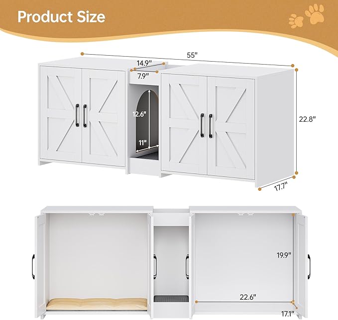 Cat Litter Box Enclosure Furniture - Hidden Litter Box Double Cabinet with Scratch Pad & Cats Bed | Farmhouse Style End Table for Cats | Discreet Cat Washroom for Living Room & Bedroom White