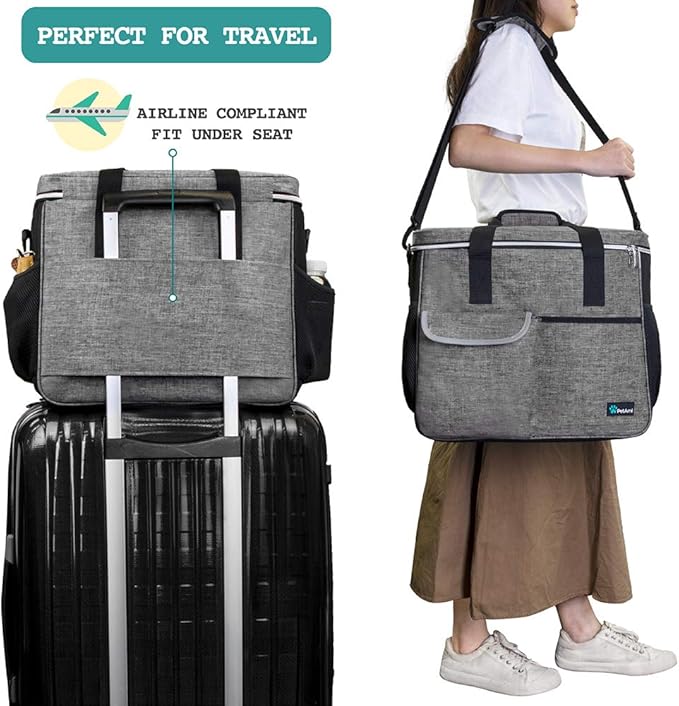 PetAmi Dog Travel Bag - Travel Pet Organizer with Food Container and Bowls, Perfect for Weekend Camping, Cat Diaper Bag (Grey, Large)