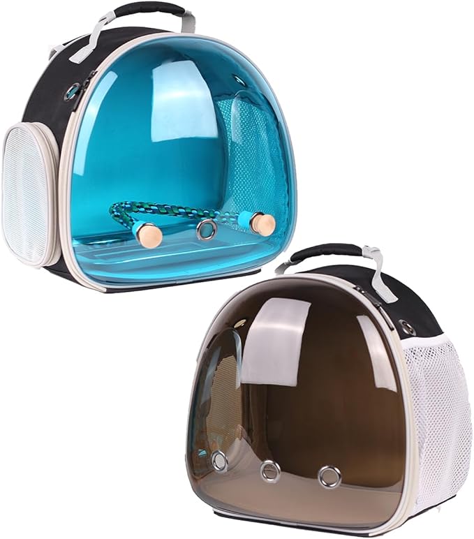 Polarized Tinted Blue Bubble Small Bird Carrier Travel Cage, Portable Bird Carry Backpack with Stainless Steel Tray and Standing Perch for Parakeet Cockatiel Budgies