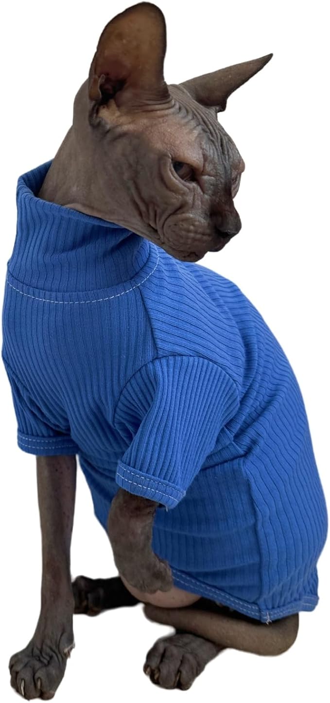 Sphynx Cats Shirt Cat Turtleneck Cotton Sweater Pullover Kitten T-Shirts with Sleeves Cat Pajamas Jumpsuit for Sphynx Cornish Rex, Devon Rex, Peterbald (XX-Large (Pack of 1), Deep Blue)