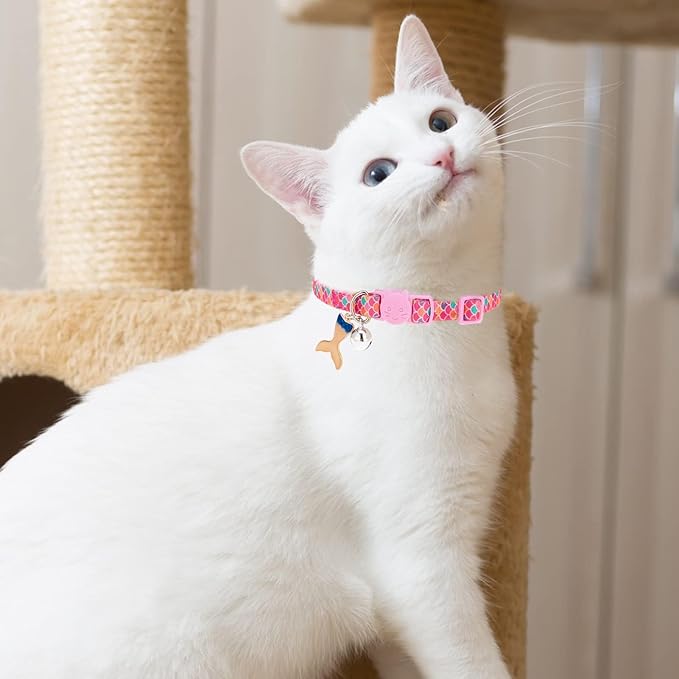 PUPTECK Cat Collars Breakaway with Bell - Summer Fish Scale Pattern Pet Collar 3 Pack for Kittens Puppies and Small Pets