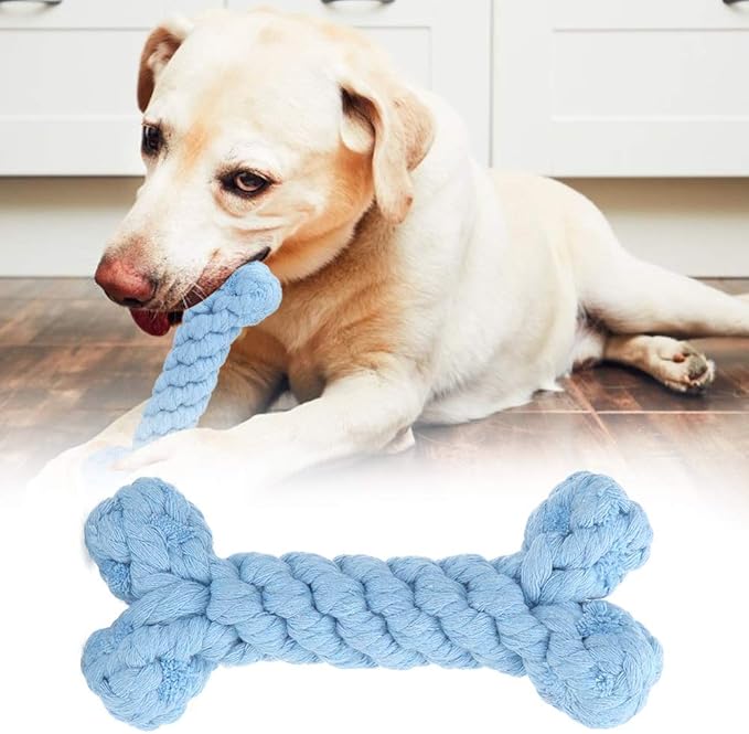 Pet Cotton Rope Biting Chewing Molar Toy, Cartoon Animal Shape & Pure Manual Weaving, Dog Rope Toys with Strong and Hard, Grind and Clean Teeth, Relieve Pressure (Blue Bones)