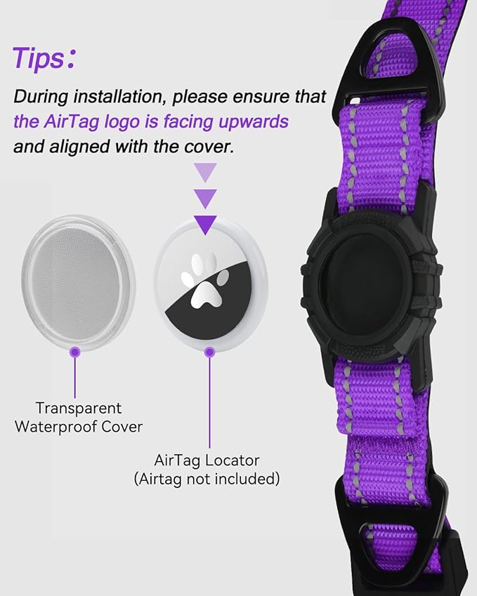 Joytale Airtag Dog Collar, Reflective Pet Collar with Waterproof AirTag Holder, Dual D-Rings, Soft Padded Adjustable for Small Dogs, Purple, S