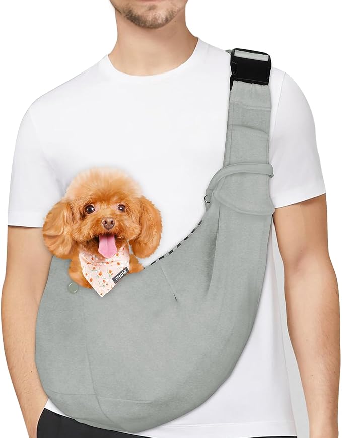 PETLOFT Reversible Small Dog Cat Sling Carrier, Adjustable Hands Free Cross Body Carrier with Collar Hook for Dog/Cat/Bunny up to 11lb (Light Grey)