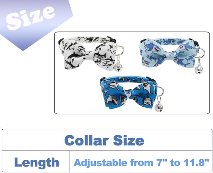 3 Pack Cat Collar Breakaway with Removable Cute Bow Tie and Bell Adjustable Safety Buckle Shark Print White Light Blue and Blue