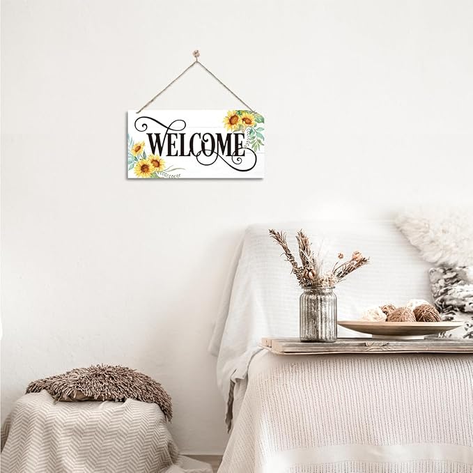 Welcome Sign for Front Door, Welcome Decor Wooden Hanging Sign for Wall Decor, Sunflower Pattern Signs, Rustic Funny Wooden Outdoor Front Door Hanging Decoration 13.8X6.9 inches