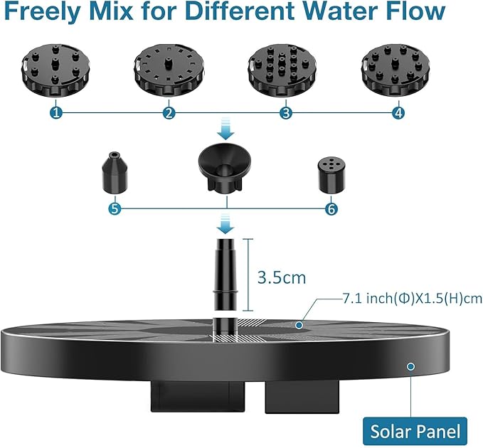 AISITIN Outdoor Solar Garden Fountain 3.5W Solar Pump Outdoor Pond with 6 Nozzles Floating Solar Fountain Pump for Bird Bath, Aquarium, Garden Fountain (1 Piece)