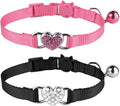 2 Pcs Cat Collars Heart Bling Breakaway with Bell Nylon Adjustable for Kitty(Black+Pink)
