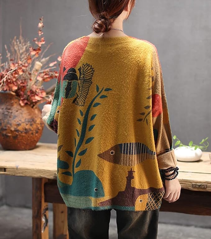 YESNO Women Christmas Sweater Graphic Printed Oversized Pullover Sweaters Casual Loose Knit Tops S01