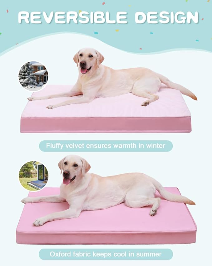 KSIIA Orthopedic Dog Bed - Waterproof & Washable with Removable Cover, Deluxe Plush Egg Crate Foam Design for Large Dogs, 35x22 Inch Pink Dog Crate Bed