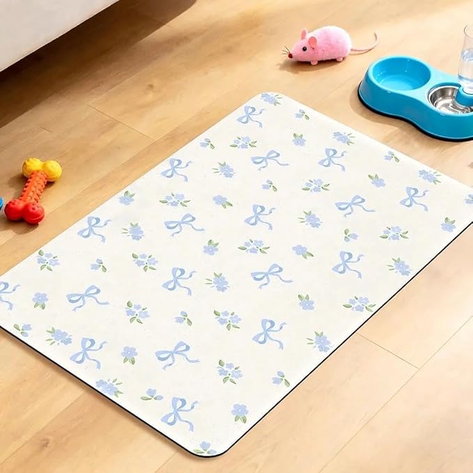 Dog Food Mat for Pet Cat Food Mat, Blue Bows Floral Absorbent Quick Dry Dog Bowl Mats for Food and Water, Non-Slip Cat Pet Feeding Mats for Floor Placemats 12"x20"